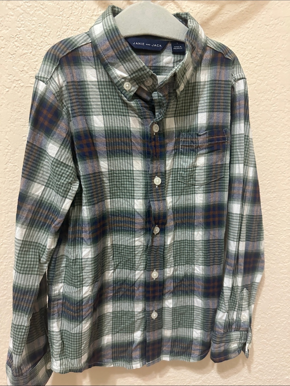 3/30$ Janie and Jack Green White and Brown Plaid Flannel Button-Down Shirt